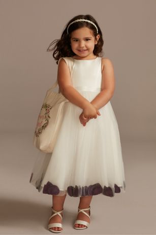 David's Bridal Satin Tulle Flower Girl Dress with Colored Petals